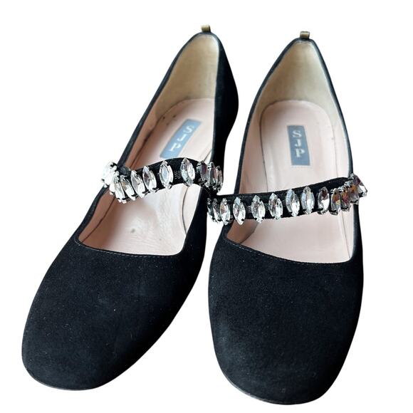 SJP by Sarah Jessica Parker Black Suede Mary Jane Block Heels Crystal Strap 8.5 - Picture 3 of 9